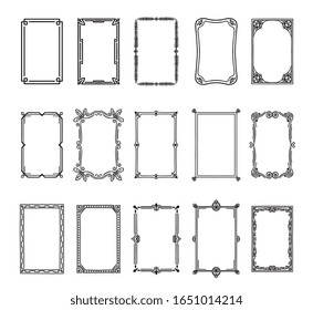 Vintage frames isolated on white background. Set of decorative rectangular borders. Collection of ornamental design elements in art deco, baroque and victorian style. Monochrome vector illustration.