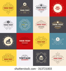 Vintage frames, labels. 100% Natural Bio food icons. Halal and Kosher signs. Chief hat with fork and spoon symbol. Scroll elements. Vector