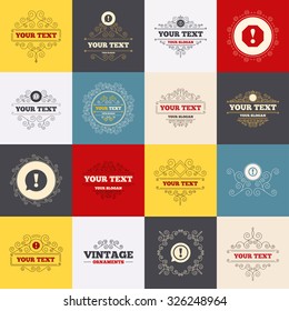 Vintage frames, labels. Attention icons. Exclamation speech bubble symbols. Caution signs. Scroll elements. Vector