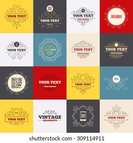 Vintage frames, labels. Bar and Qr code icons. Scan barcode in smartphone symbols. Scroll elements. Vector