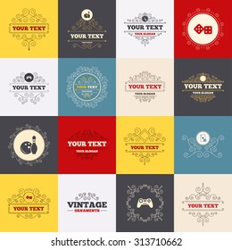 Vintage frames, labels. Bowling and Casino icons. Video game joystick and playing card with dice symbols. Entertainment signs. Scroll elements. Vector