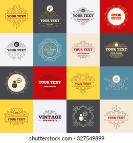 Vintage frames, labels. BYOD icons. Human with notebook and smartphone signs. Speech bubble symbol. Scroll elements. Vector