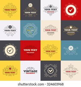 Vintage frames, labels. Check icons. Checkbox confirm circle sign symbols. Scroll elements. Vector