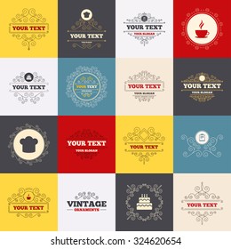 Vintage frames, labels. Coffee cup icon. Chef hat symbol. Birthday cake signs. Document file. Scroll elements. Vector