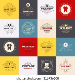 Vintage frames, labels. Dental care icons. Caries tooth sign. Tooth endosseous implant symbol. Tooth crystal jewellery. Scroll elements. Vector