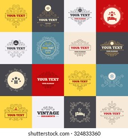 Vintage frames, labels. Five stars hotel icons. Travel rest place symbols. Human sleep in bed sign. Scroll elements. Vector