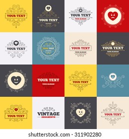 Vintage frames, labels. Heart smile face icons. Happy, sad, cry signs. Happy smiley chat symbol. Sadness depression and crying signs. Scroll elements. Vector