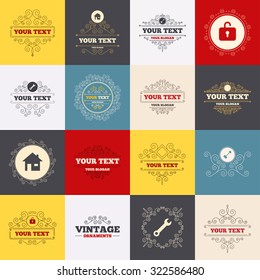 Vintage frames, labels. Home key icon. Wrench service tool symbol. Locker sign. Main page web navigation. Scroll elements. Vector