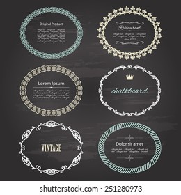 Vintage frames and labels on chalkboard.