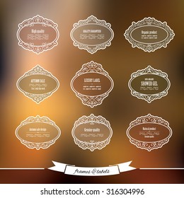 Vintage frames and labels on soft typographical background.