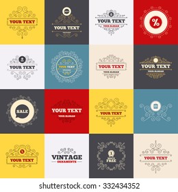 Vintage frames, labels. Sale speech bubble icon. Discount star symbol. Big sale shopping bag sign. First month free medal. Scroll elements. Vector