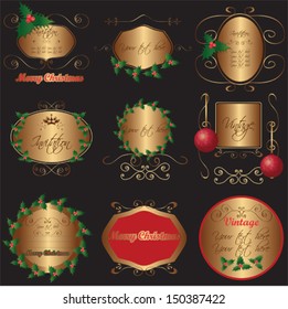Vintage frames and labels set in gold variant with Christmas mistletoe