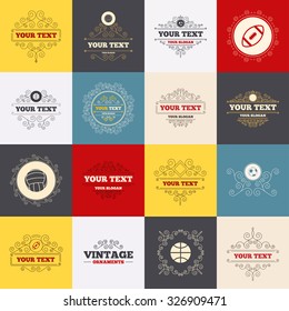 Vintage frames, labels. Sport balls icons. Volleyball, Basketball, Soccer and American football signs. Team sport games. Scroll elements. Vector