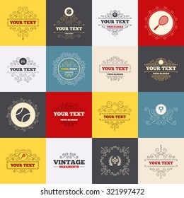 Vintage frames, labels. Tennis ball and rackets icons. Winner cup sign. Sport laurel wreath winner award symbol. Scroll elements. Vector