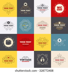 Vintage frames, labels. Toilet paper icons. Gents and ladies room signs. Paper towel or kitchen roll. Man and woman symbols. Scroll elements. Vector