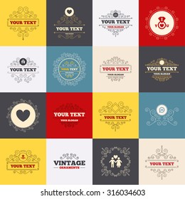 Vintage frames, labels. Valentine day love icons. I love you ring symbol. Couple lovers sign. Love story speech bubble. Scroll elements. Vector