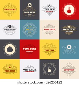 Vintage frames, labels. Wallet with coins icons. Cash bag signs. Retro wealth symbol. Scroll elements. Vector