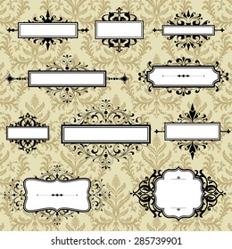 Vintage Frames On Damask Background - Set of ornate retro frames. File is layered for easy editing. Seamless pattern tile is included in swatches window.  Colors are global for easy editing.