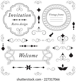 Vintage frames, ornaments and dividers, calligraphic design elements and page decoration, elegant retro style set, black isolated on white background, vector illustration.