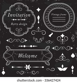Vintage frames, ornaments and dividers, calligraphic design elements and page decoration, elegant retro style set, white isolated on black background, vector illustration.