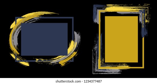 Vintage frames with paint brush strokes vector set. Box borders with painted brushstrokes on black. Advertising graphics design empty frame templates for banners, flyers, posters, cards.