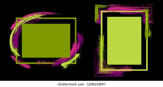 Vintage frames with paint brush strokes vector collection. Box borders with painted brushstrokes on black. Educational graphics design empty frame templates for banners, flyers, posters, cards.