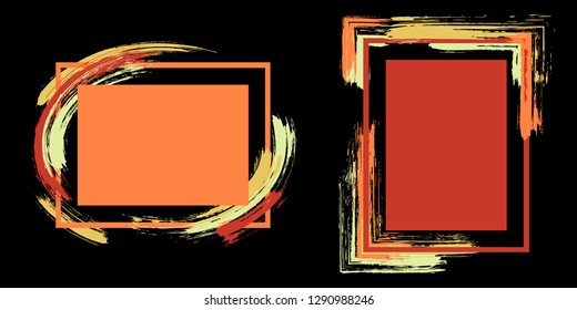 Vintage frames with paint brush strokes vector set. Box borders with painted brushstrokes on black. Advertising graphics design flat frame templates for banners, flyers, posters, cards.