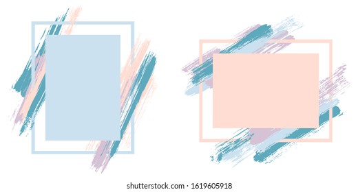 Vintage frames with paint brush strokes vector set. Box borders with painted brushstrokes backgrounds. Advertising graphics design flat frame templates for banners, flyers, posters, cards.