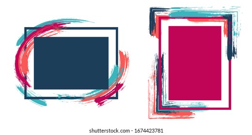 Marcas antiguas con pincel pintado trazos de colección vectorial. Bordes de caja con fondos pintados de pinceles. Gráficos publicitarios diseñan plantillas planas para banners, volantes, carteles, tarjetas.