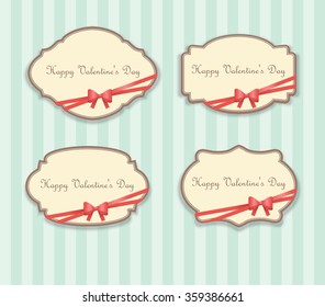 Vintage Frames with Red Bow, Ribbons and text Happy Valentine's Day on Striped Background