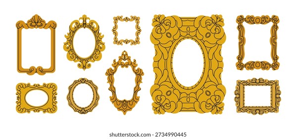 Conjunto de marcos de Antiguas. Antiguas decoraciones de borde de madera dorada en estilo histórico clásico y barroco. Galería y museo de historia y exposición de arte. Ilustración vectorial plana aislada sobre fondo blanco