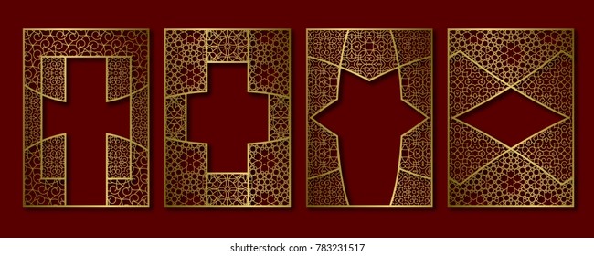 Vintage frames set in arabesque style. Book, booklet, brochure golden covers, greeting card or leaflet backgrounds templates.