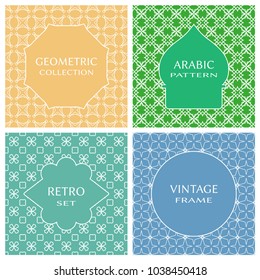 Vintage frames set in arabic style on mono line seamless background. Design for greeting cards, wedding invitations, retro parties. Vector borders, emblems, labels, tags, stickers or badges