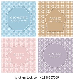 Vintage frames set in arabic style on mono line seamless background. Design for greeting cards, wedding invitations, retro parties. Vector borders, emblems, labels, tags, stickers or badges