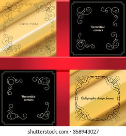 Vintage frames set. Calligraphic curly elements on black and gold gradients backgrounds