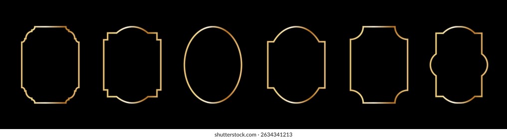 Vintage frames set isolated on black background. Decorative gold frame. Fashionable ornate frames for wedding invitations, greeting cards, prints.