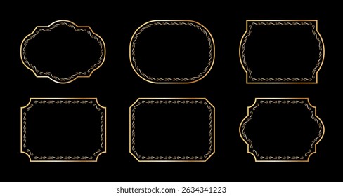 Vintage frames set isolated on black background. Decorative gold frame. Fashionable ornate frames for wedding invitations, greeting cards, prints.