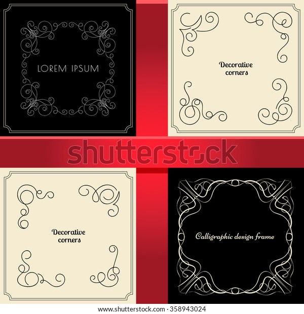 Vintage frames set on black\
and white backgrounds with red ribbon. Calligraphic curly\
elements