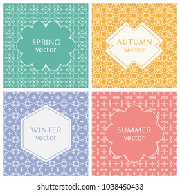 Vintage frames set on line seamless patterns. Design for greeting cards, wedding invitations, retro parties. Vector borders, labels, tags, stickers or badges. Spring, autumn, winter, summer emblems
