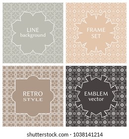 Vintage frames set in pastel colors on mono line seamless background. Design for greeting cards, wedding invitations, retro parties. Vector borders, labels, tags, stickers or badges