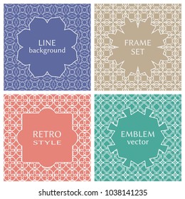 Vintage frames set in pastel colors on mono line seamless background. Design for greeting cards, wedding invitations, retro parties. Vector borders, labels, tags, stickers or badges