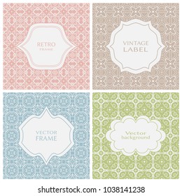 Vintage frames set in pastel colors on mono line seamless background. Design for greeting cards, wedding invitations, retro parties. Vector borders, labels, tags, stickers or badges