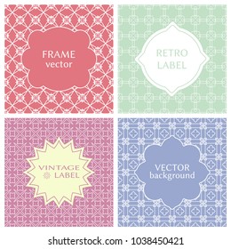 Vintage frames set in pastel colors on mono line seamless background. Design for greeting cards, wedding invitations, retro parties. Vector borders, emblems, labels, tags, stickers or badges