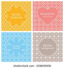 Vintage frames set in pastel colors on mono line seamless background. Design for greeting cards, wedding invitations, retro parties. Vector borders, labels, tags, stickers, badges and heart emblem