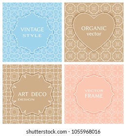Vintage frames set in pastel colors on mono line seamless background. Design for greeting cards, wedding invitations, retro parties. Vector borders, labels, tags, stickers, badges and heart emblem