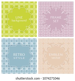 Vintage frames set in pastel colors on mono line seamless background. Design for greeting cards, wedding invitations, retro parties. Vector borders, emblems, labels, tags, stickers or badges