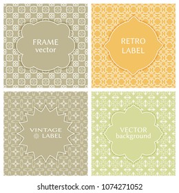 Vintage frames set in pastel colors on mono line seamless background. Design for greeting cards, wedding invitations, retro parties. Vector borders, emblems, labels, tags, stickers or badges