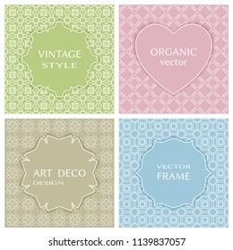 Vintage frames set in pastel colors on mono line seamless background. Design for greeting cards, wedding invitations, retro parties. Vector borders, labels, tags, stickers, badges and heart emblem