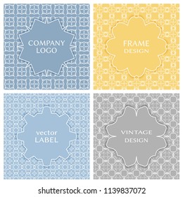Vintage frames set in pastel colors on mono line seamless background. Design for greeting cards, wedding invitations, retro parties. Vector borders, emblems, labels, tags, stickers or badges