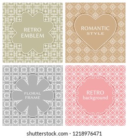 Vintage frames set in pastel colors on mono line seamless background. Design for greeting cards, wedding invitations, retro parties. Vector borders, labels, tags, stickers, badges and heart emblem